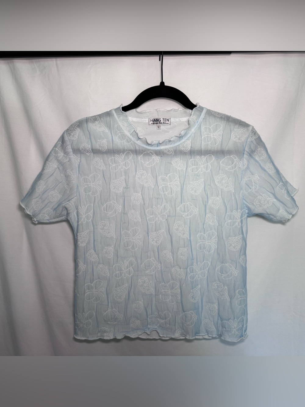 Vintage 90s Hang Ten Baby Blue Butterfly Crinkle Popcorn Mesh Top L